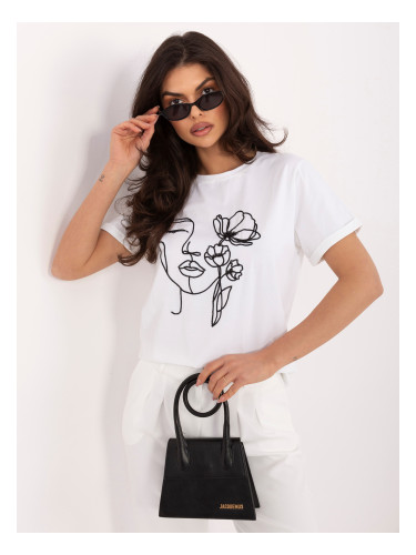 Памучна тениска с бродерия в екрю цвят