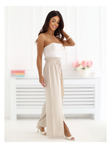 Бежови дамски широки панталони с цепки