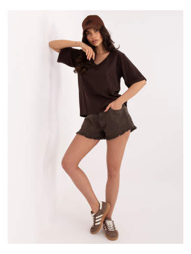 Тъмнокафява дамска тениска с голям размер и V-образно деколте