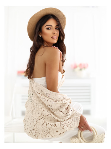 Бежов ажурен бохо пуловер