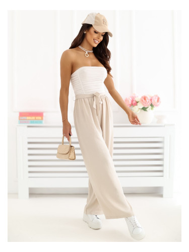 Бежов широк панталон с еластична талия