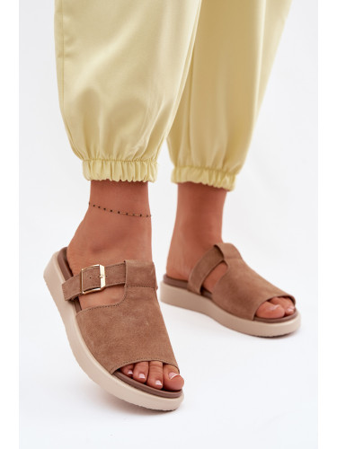 Дамски велурени чехли на платформа, цвят camel