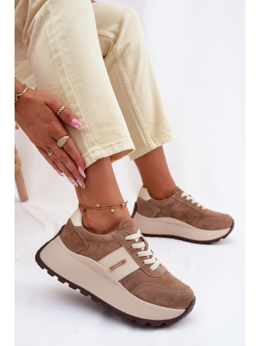 Дамски кожени маратонки на платформа - тъмнобежови