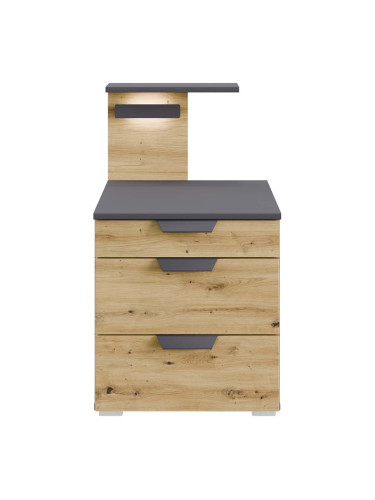 НОЩНО ШКАФЧЕ КАРПО С 3 ЧЕКЕДЖЕТА, ПАНЕЛ И ОСВЕТЛЕНИЕ 47/48/82h СИВ МЕТАЛИК/ДЪБ АРТИСАН