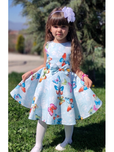Детска рокля в тюркоаз/мента с пеперуди тип клош Вилина