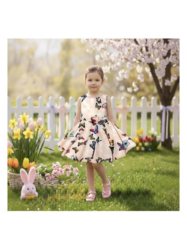 Детска рокля клош Вилина в прасковено с пеперуди 