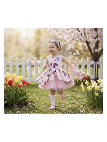 Детска официална памучна рокля Надежда с пеперуди и с тюл 