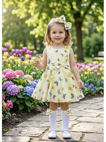 Детска рокля клош в нежен жълт цвят с пеперуди Вилина 