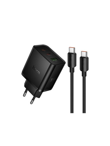 Зарядно устройство комплект HOCO N75 65W 2x USB-C 1x USB-A + кабел USB-C - USB-C, Черно