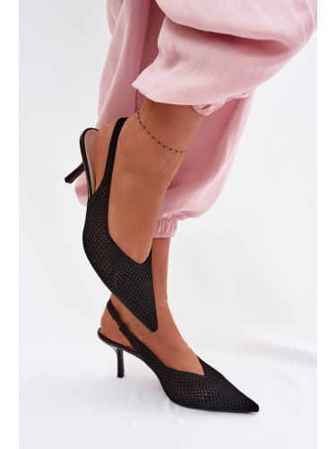 Дамски сандали на ток от мрежеста материя