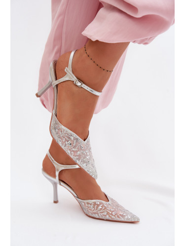 Дамски сандали на ток от мрежа с украшения