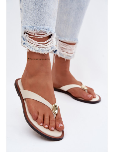 Дамски джапанки със златист детайл в светло бежово