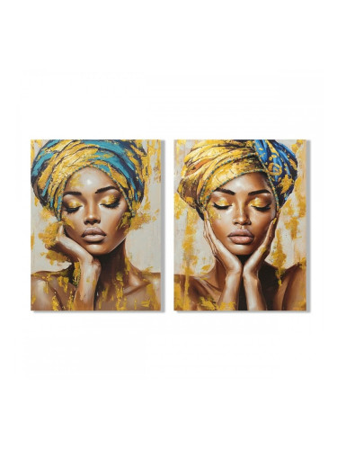 Картина Home ESPRIT цвят тюркоаз Златен Колониален Африканка 90 x 3 x 120 cm (2 броя)