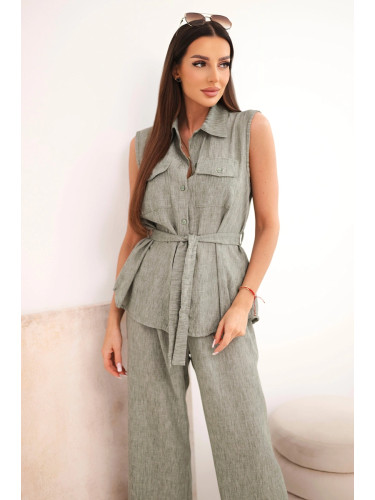 Дамски комплект с блуза и широки каки панталони