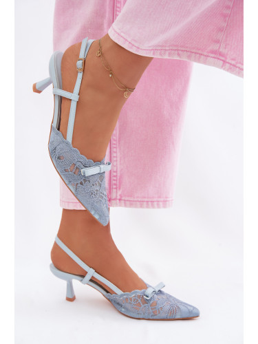 Дамски сандали с връзки на висок ток и панделка, сини