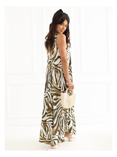 Рокля с А-силует в цвят каки с принт на зебра