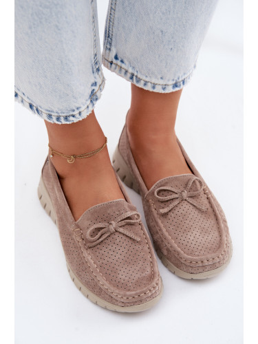 Дамски велурени мокасини с панделка Vinceza бежови