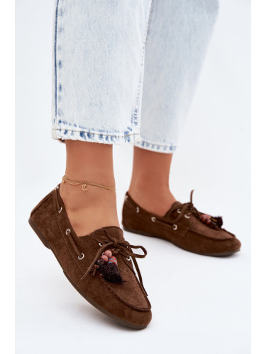 Дамски мокасини Boto с мъниста и пискюли кафяви Teresa