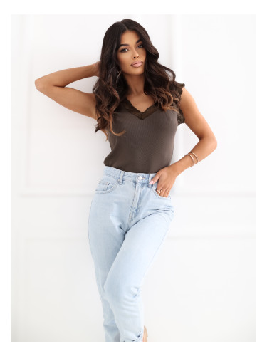 Кафяв памучен топ без ръкави