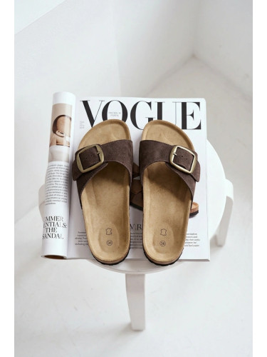 Дамски велурени джапанки с катарама Emiline, шоколадови