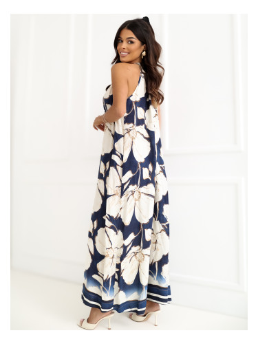 Лятна тъмносиня рокля с деколте тип „халтер“