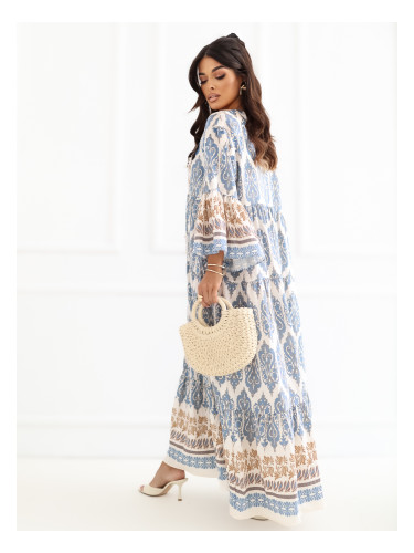 Синя макси рокля с разкроени ръкави