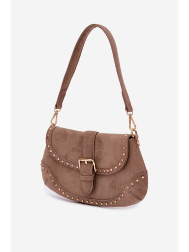 Дамска чанта от еко велур Flora&Co с нитове, тъмнобежова