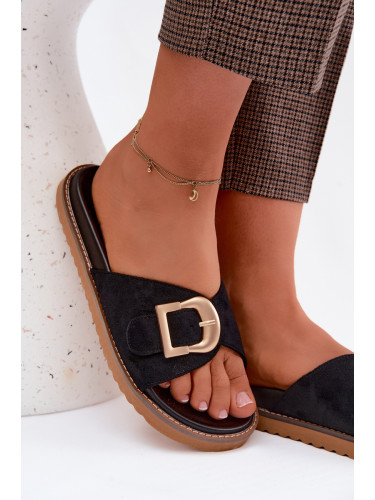 Дамски черни чехли със златна катарама Elviane