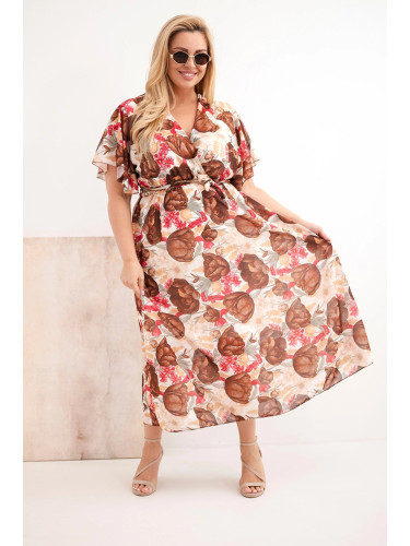 Рокля на флорални мотиви с колан Kesi Włoski кафява, голям размер