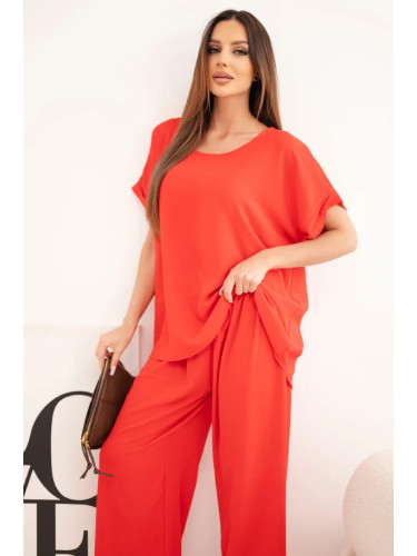 Дамски комплект Kesi за големи размери, блуза и широк панталон, червен