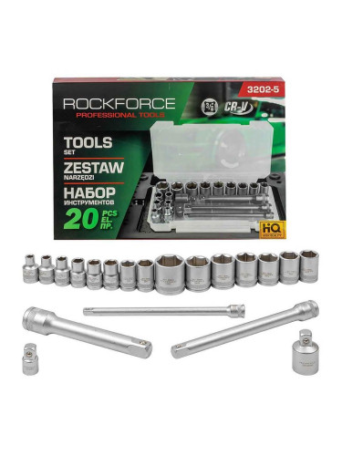 Вложки 3/8", 6-22 мм, с удължения и адаптери, RockForce RF-3202-5, 20 бр.