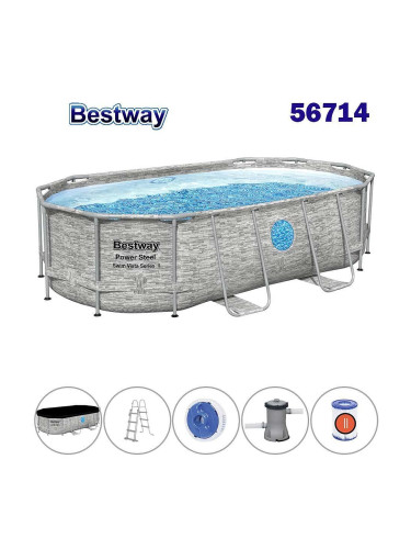 Басейн с метална конструкция, овален, 427x250x100 см, Bestway 56714 Power Steel Swim Vista Series II, с филтърна помпа, стълба, покривало, дозатор за