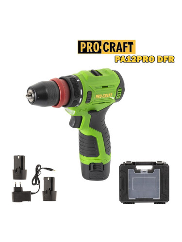 Винтоверт акумулаторен, PROCRAFT PA12Pro DFR, 12V, 2x2Ah, 22Nm, 10 мм сменяем метален патронник, безчетков мотор, в куфар