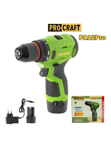 Винтоверт акумулаторен, PROCRAFT PA12Pro, 12V, 2Ah, 22Nm, 10 мм метален патронник, безчетков мотор