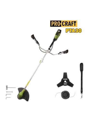 Тример акумулаторен, PROCRAFT PTA30, 20V, 30 см, безчетков мотор, с нож, корда и колан