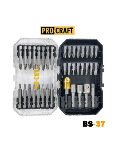 Битове с магнитен държач 37 части, 25/50 мм, PH, PZ, T, SQ, H, SL, 1/4", 1/2", PROCRAFT BS-37