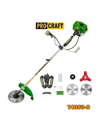 Тример бензинов, PROCRAFT T4350-S, 1.9 к.с., 41 см, 2-тактов, с диск, нож, корда и самар