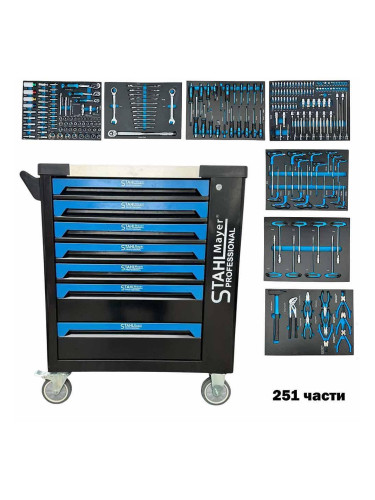 Количка за инструменти 251 части, 7 чекмеджета и странично отделение, Stahlmayer Blue, 790x480x860 мм