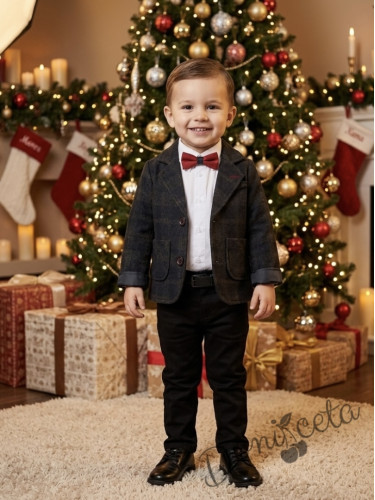 Детски комплект за момче от 5 части - сако, панталон в черно с колан, 