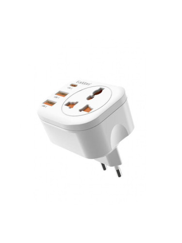 Универсален преходник - зарядно Earldom ES-SC16, 2xUSB, 1xType-C, EU/US/UK/AU към EU, 220V, Бял - 40525