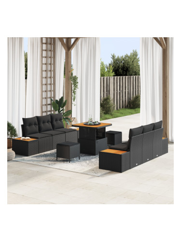 Sonata H 9 Piece Garden Sofa Set with Cushions Black Poly Rattan Acacia