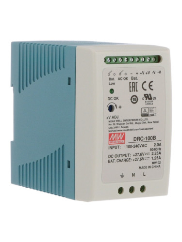 UPS захранване за DIN шина DRC-100B, 27.6VDC, 2.25A/1.25A, 96.6W, изводи за акумулатор, MEAN WELL