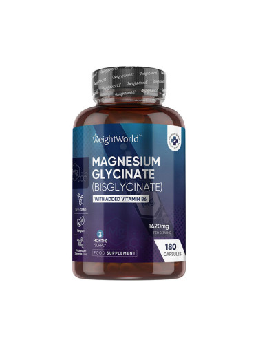 Magnesium Glycinate/ Магнезий (бисглицинат) 100 mg + витамин B6 x 180 капсули, Weight World