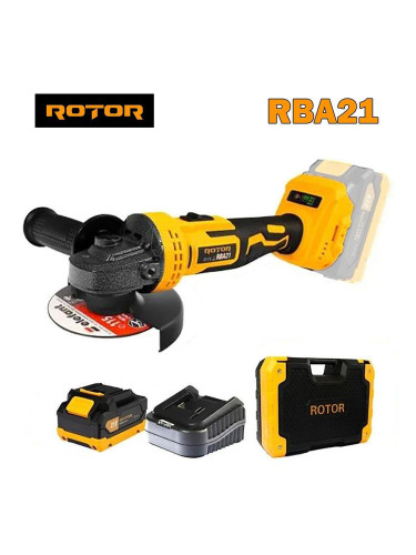 Ъглошлайф акумулаторен ROTOR RBA21, 21V, 3Ah, 125 мм, безчетков мотор, в куфар