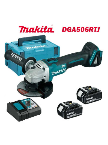 Ъглошлайф акумулаторен, безчетков, Makita DGA506RTJ, 18V, LXT, 2x5Ah, 125 мм