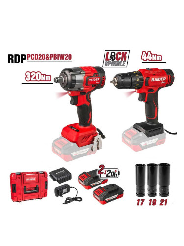 Акумулаторни инструменти RAIDER 030253 (Винтоверт RDP-PCD20+Гайковерт RDP-PBIW20), 20V, 2x2Ah, R20 System, в куфар
