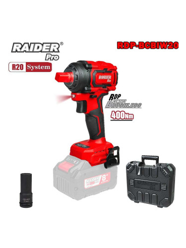 Гайковерт акумулаторен, ударен, RAIDER RDP-BCBIW20 Solo, 20V, 400Nm, 1/2", безчетков мотор, в куфар, R20 System
