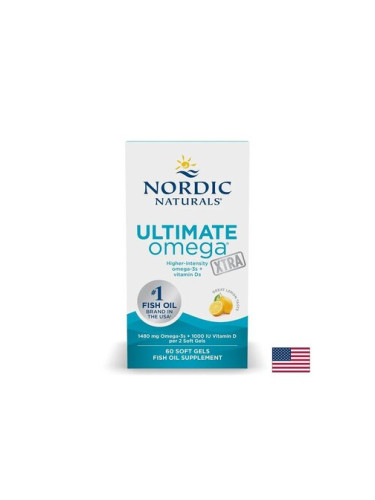 Ultimate Omega Xtra ултимат омега-3 740 mg + витамин D3 1000 IU, 60 софтгел капсули с вкус на лимон,