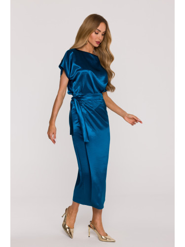 Made Of Emotion Woman's Satin dress with a tie at the waist - ocean blue