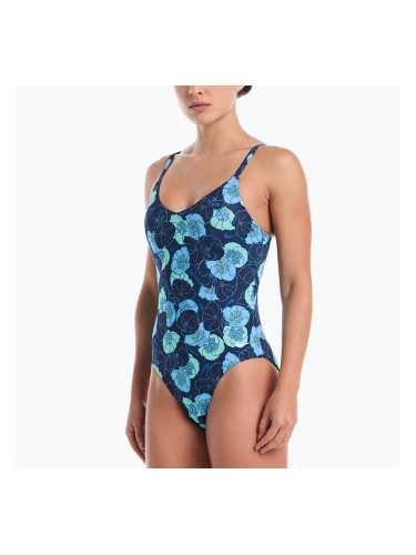 Дамски цял бански костюм Nike Poppy Print V-Neck midnight navy